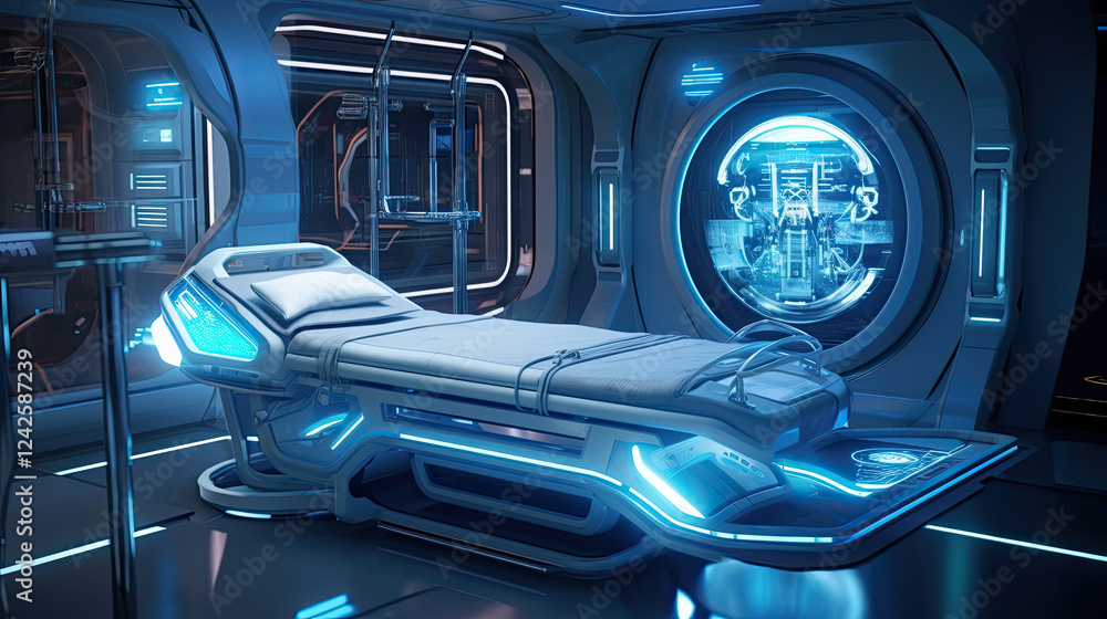 Fototapeta premium Futuristic Medical Examination Room with Advanced Technology and Glowing Blue Lights