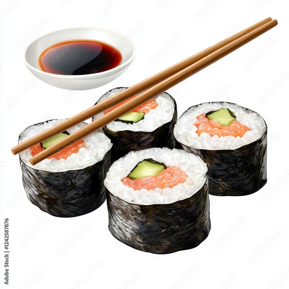 Fresh sushi rolls with salmon and cucumber served with dipping sauce in a white bowl and wooden chopsticks Fresh sushi rolls with salmon and cucumber served with dipping sauce in a white bowl and wooden chopsticks