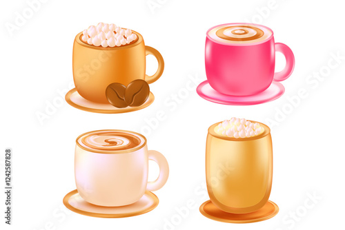 Cute 3D coffee cup set with different flavors, toppings isolated icon, transparent background. Cappuccino mug with glowing glass or plastic texture. Elegant decorative element, coffee clipart.