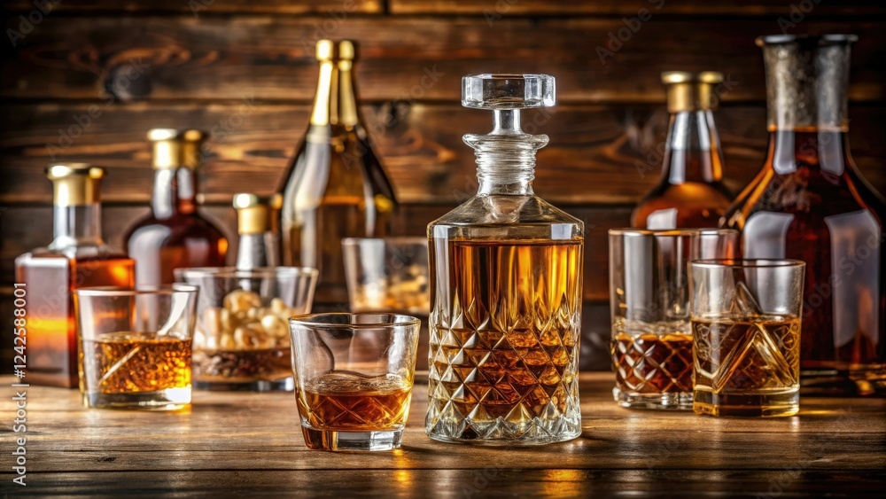 Whiskey glass sitting next to a decanter on a wooden table, surrounded by other glasses and bottles, table setting, glassware, decanter, table decor Whiskey glass sitting next to a decanter on a wooden table, surrounded by other glasses and bottles, table setting, glassware, decanter, table decor