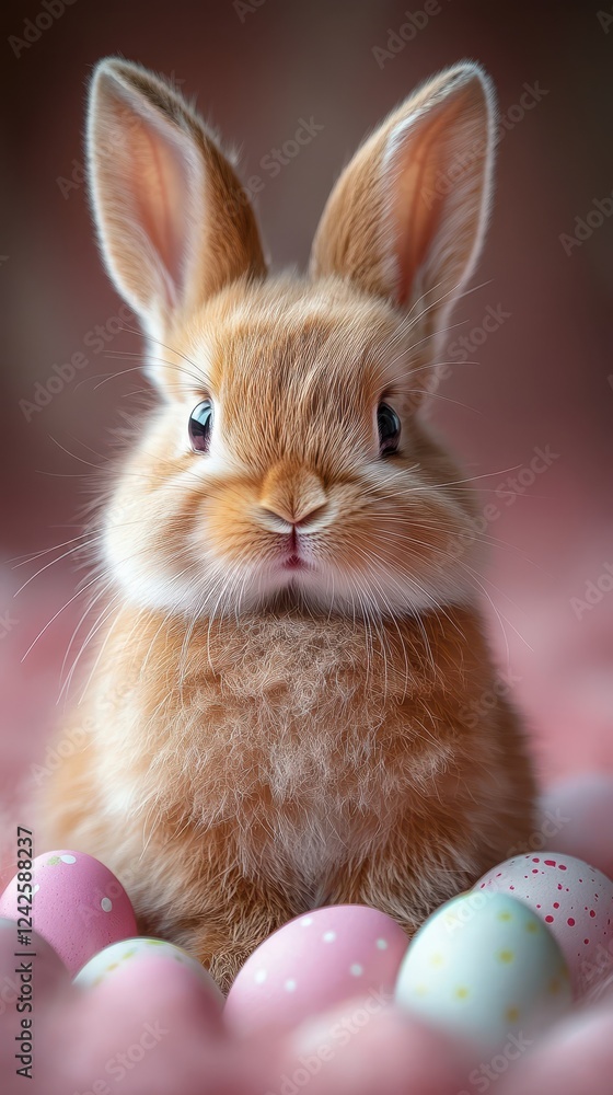 Obraz premium Cute Bunny with Colorful Easter Eggs on Soft Background