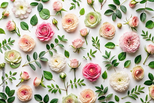 Valentine's Day Floral Pattern: Pink & Beige Roses, Green Leaves & Branches on White Background