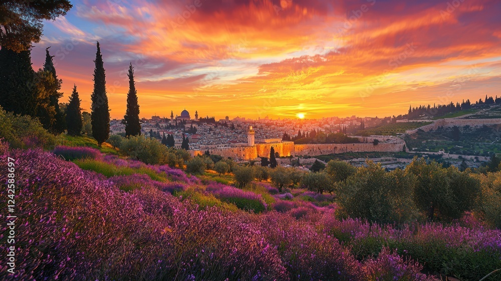 Fototapeta premium Jerusalem Sunset Lavender Fields Golden Sky