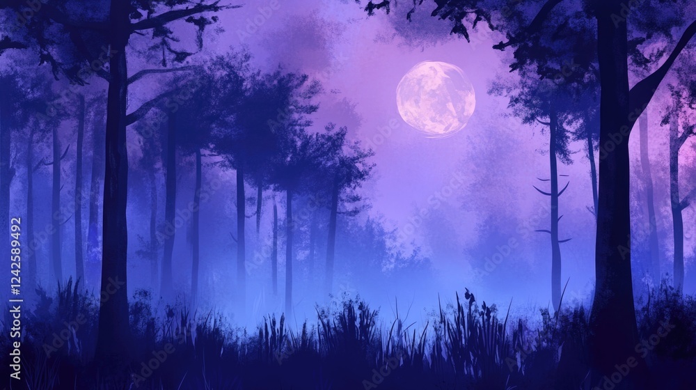 Ethereal foggy night in a mystical forest with tall trees and a radiant full moon casting purple and blue hues over the landscape. Ethereal foggy night in a mystical forest with tall trees and a radiant full moon casting purple and blue hues over the landscape.
