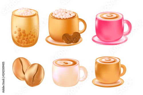 Cute 3D coffee cup set with different flavors, toppings isolated icon, transparent background. Cappuccino mug with glowing glass or plastic texture. Elegant decorative element, coffee clipart.