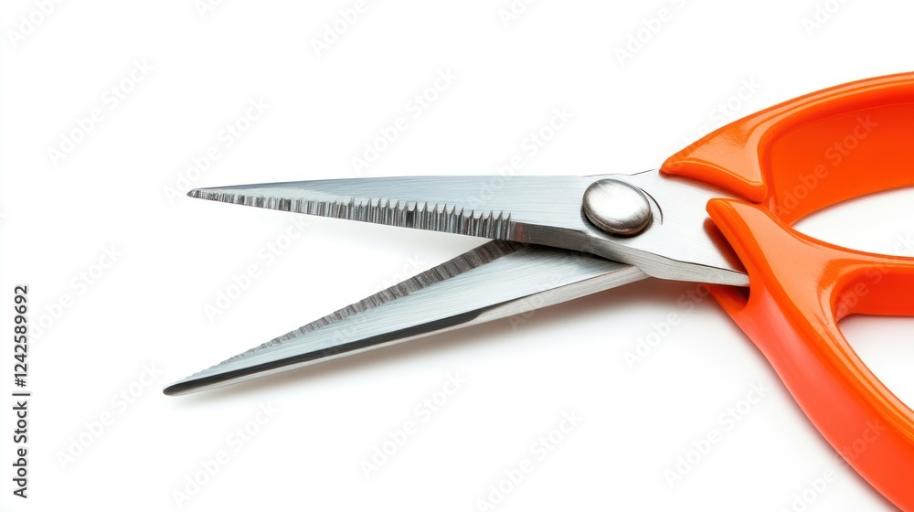 Orange kitchen shears, stainless steel blades, white background, cooking tool Orange kitchen shears, stainless steel blades, white background, cooking tool