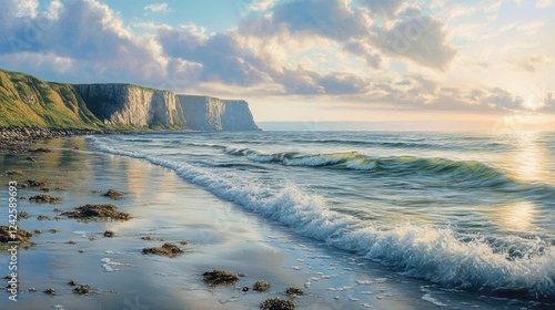 Serene summer coastal landscape depicting gentle rolling waves along a sandy beach in the foreground with dramatic cliffs under a soft pastel sky. photo