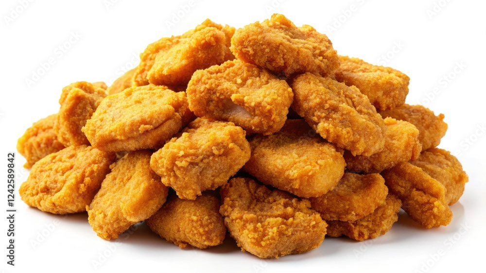 High-resolution aerial shot: a close-up pile of golden-brown chicken nuggets, isolated against a pure white background. High-resolution aerial shot: a close-up pile of golden-brown chicken nuggets, isolated against a pure white background.