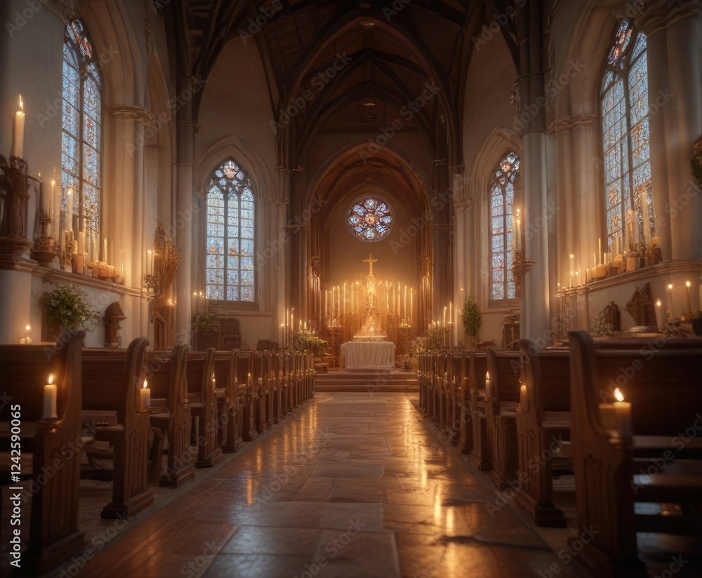 Fototapeta premium Warmly lit church with soft candlelight ambiance, stained glass windows, cozy atmosphere , evergreen trees