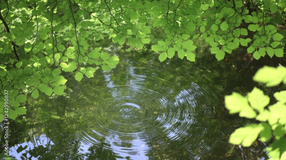 Serene Pond Ripples Under Lush Green Canopy Serene Pond Ripples Under Lush Green Canopy