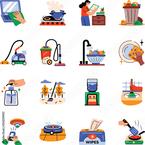 Set of Flat Style Housework and Cleaning Icons 
