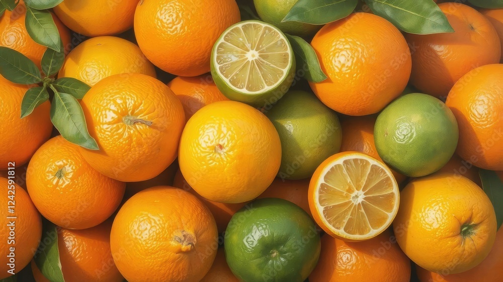 Vibrant painting of oranges and limes arranged in a bunch, natural, healthy, delicious Vibrant painting of oranges and limes arranged in a bunch, natural, healthy, delicious
