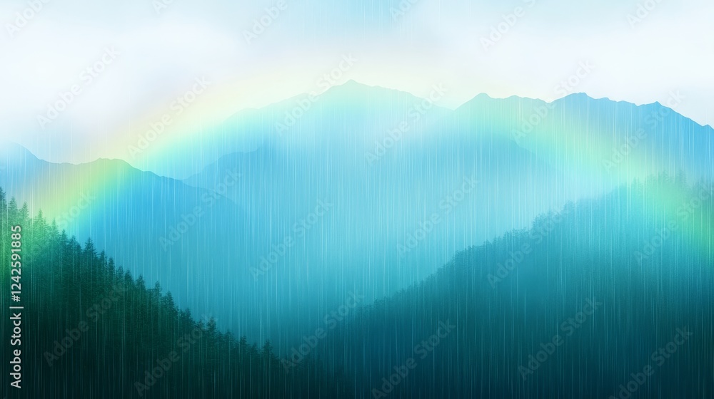 Fototapeta premium Serene Rain Over Misty Mountain Range with Rainbow