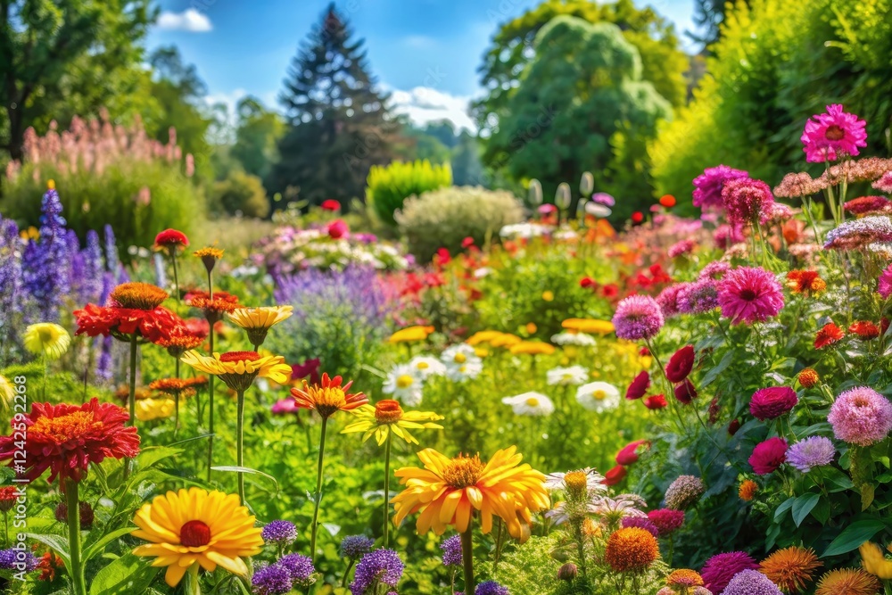 Vibrant colorful flowers blooming in a garden on a sunny summer day, butterflies, blooms, lavender, vibrant colors Vibrant colorful flowers blooming in a garden on a sunny summer day, butterflies, blooms, lavender, vibrant colors
