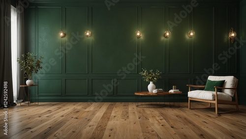 A serene interior space with deep green wall panels and a warm wooden floor