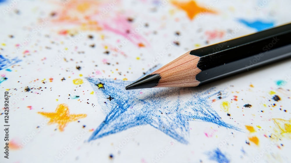 Black pencil drawing blue star on colorful star background