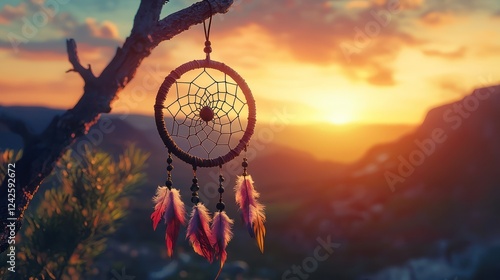 Dreamcatcher Hanging From Branch at Sunset