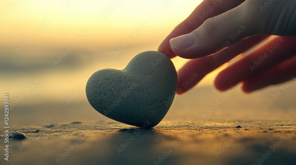 Fototapeta premium Hand touches stone heart sunset beach romance