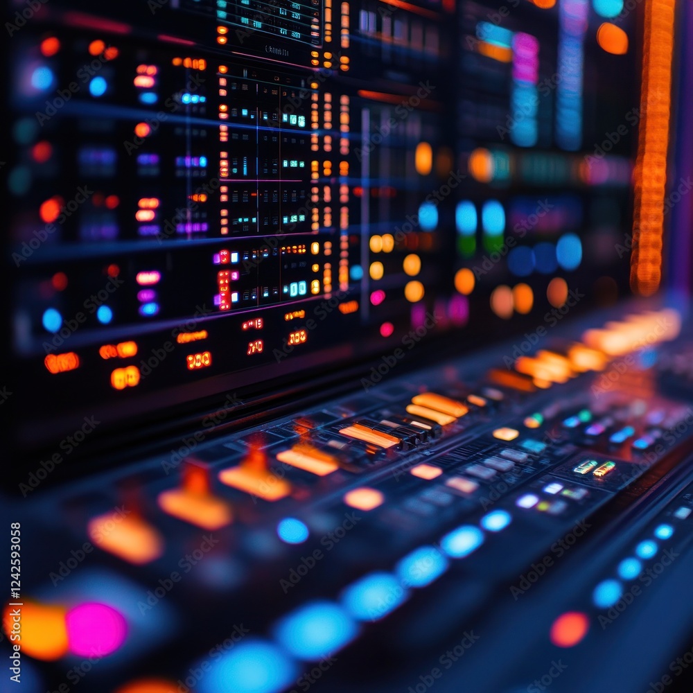 Studio control panel, colorful lights, mixing audio, night Studio control panel, colorful lights, mixing audio, night