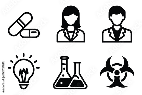Science and Healthcare Line Icons Vector Set – Pill, Scientists, Light Bulb, Laboratory Flasks, Biohazard