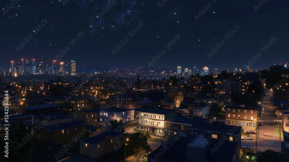 Naklejka premium Night city skyline view, residential area, starry sky, urban planning