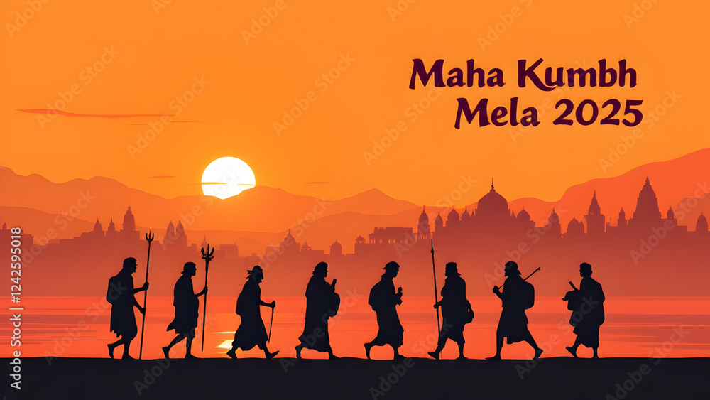 Fototapeta premium Illustration of silhouette of devotees walking to Mahakumbh 2025 religious gathering on sunset sky background, Kumbh Mela Prayagraj Uttarpradesh.