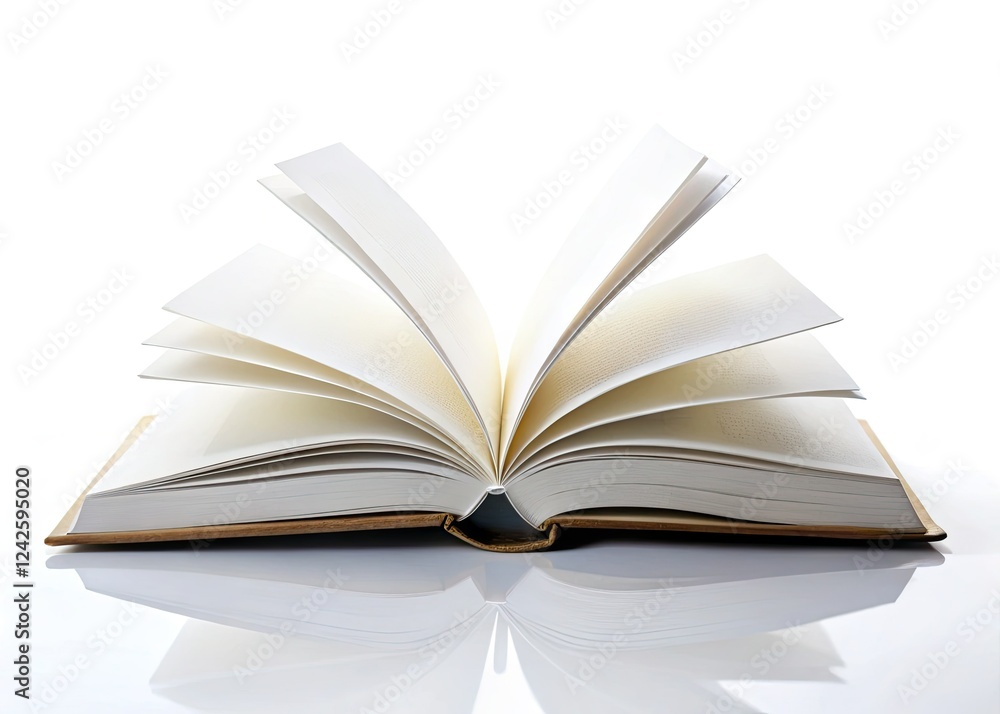 Pristine white book, open pages, isolated on white background; clean architectural photography style mockup. Pristine white book, open pages, isolated on white background; clean architectural photography style mockup.