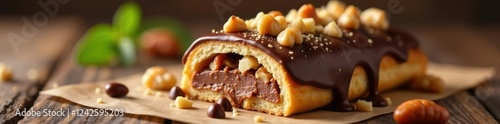 Delicious pastry with milk chocolate coating and crunchy nut pieces, sweet treats, chocolate photo