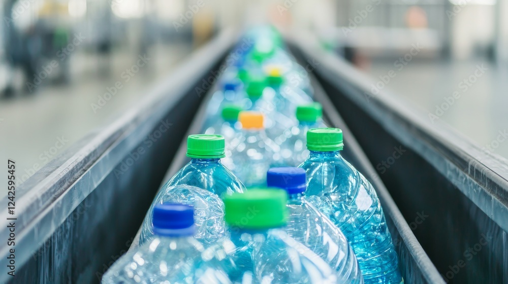 A conveyor belt carries rows of plastic water bottles with colorful caps in a bright, industrial setting. A conveyor belt carries rows of plastic water bottles with colorful caps in a bright, industrial setting.