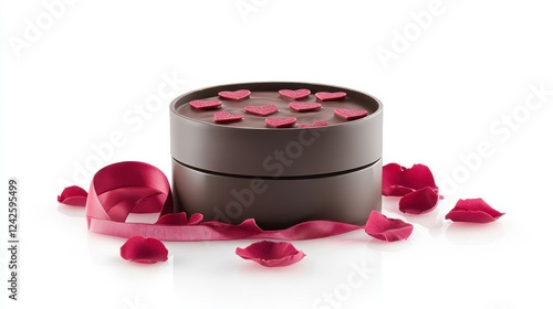 Chocolate dessert gift box, hearts, rose petals, studio shot, Valentine's Day photo