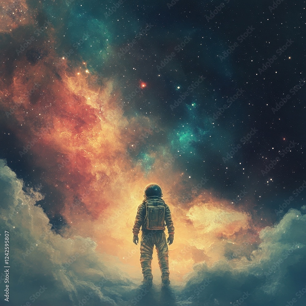 Astronaut Gazing at a Cosmic Nebula Above Clouds Astronaut Gazing at a Cosmic Nebula Above Clouds