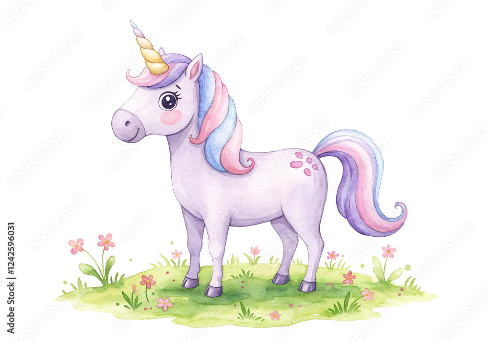 Fototapeta premium Whimsical Watercolour Illustration of a Happy Unicorn in Muted Tones, Perfect for Children's Book or Nursery Decor. Generative AI