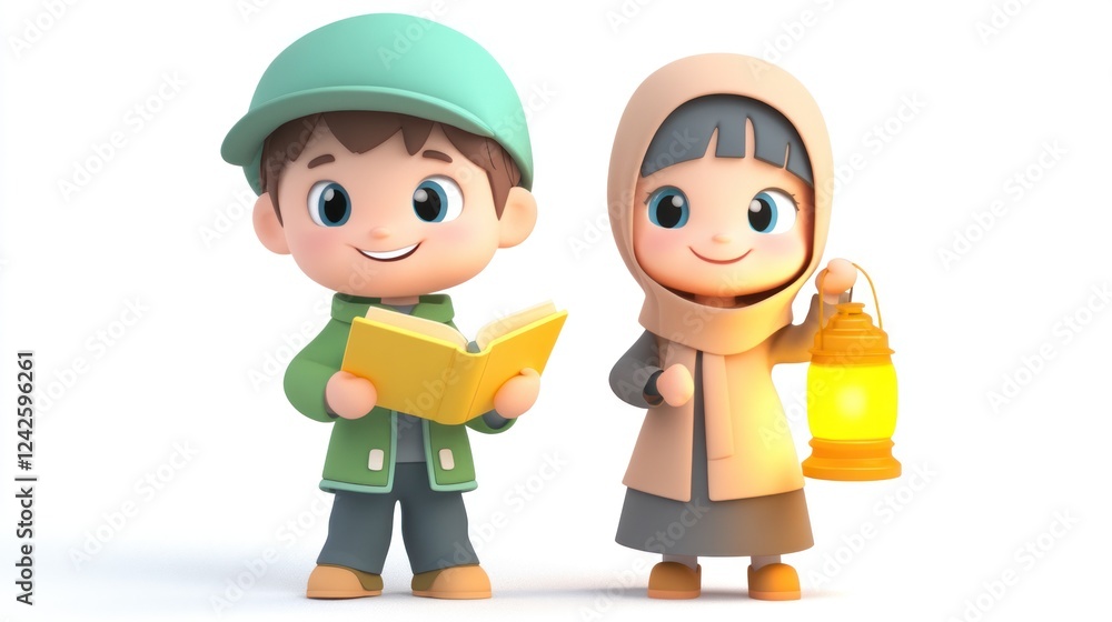 Muslim children reading book, lantern, white background, Ramadan Muslim children reading book, lantern, white background, Ramadan