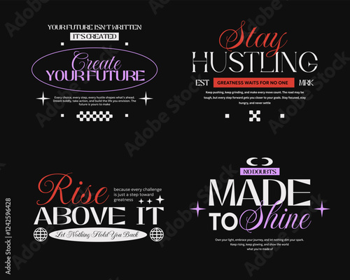 Minimalist typography set, for poster, t-shirt design. Vintage typography quotes vector set. Y2k typographic bundle for clothing design, Urban streetwear lettering for t shirt 
