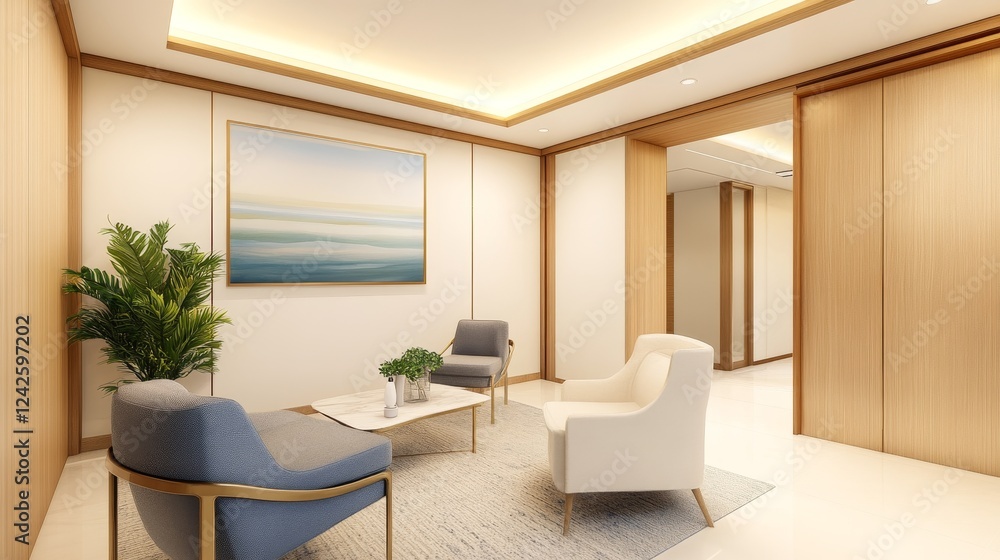 Modern office waiting area featuring stylish seating, a serene painting, and indoor plants Modern office waiting area featuring stylish seating, a serene painting, and indoor plants