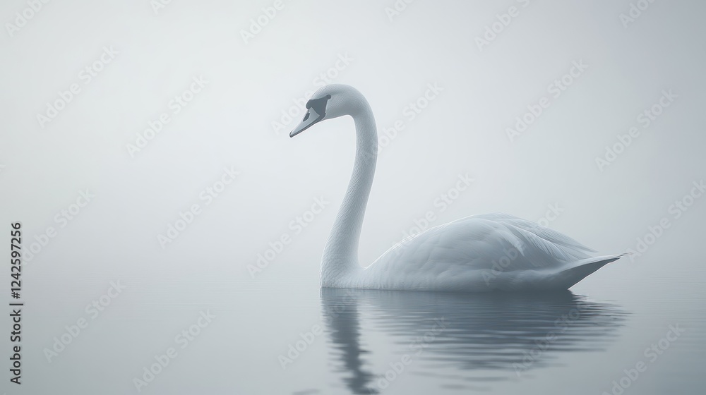 Fototapeta premium Serene swan swimming misty lake, calm water, peaceful background; ideal for serenity themes