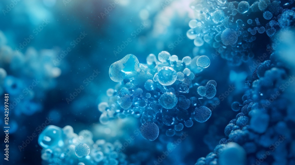 Microscopic View of Interconnected Cells Forming Complex Structures in a Blue Liquid Medium Microscopic View of Interconnected Cells Forming Complex Structures in a Blue Liquid Medium