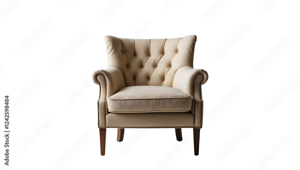 Fototapeta premium Elegant beige tufted armchair with classic wooden legs on transparent background, luxury furniture for home decor, interior design, and living room styling 