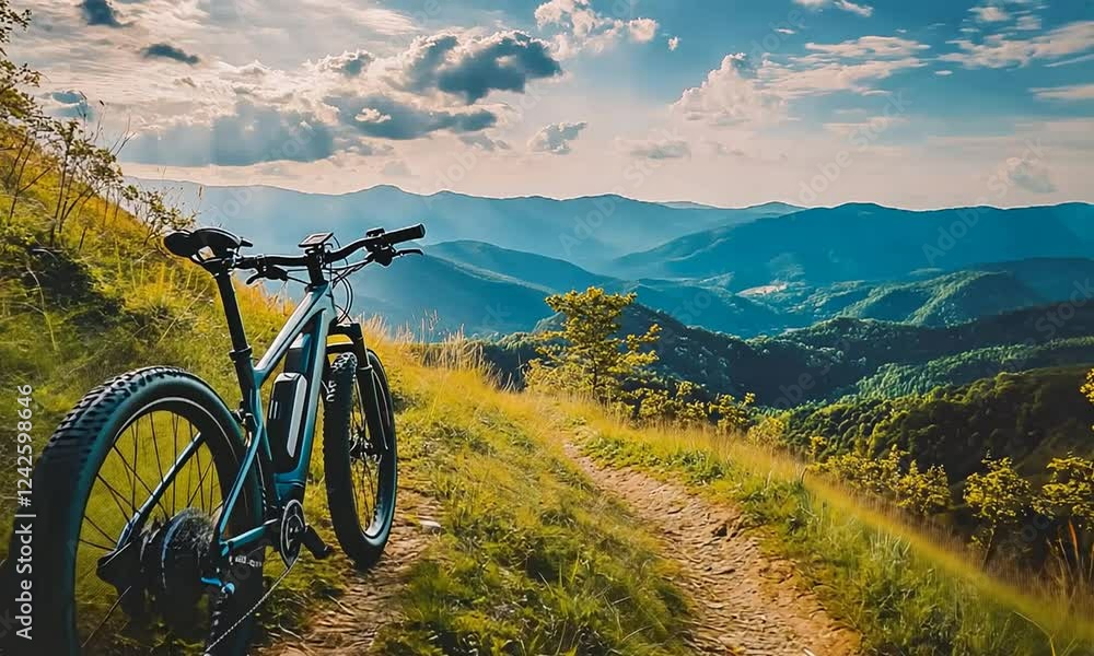 Scenic mountain landscape with a bicycle on a trail, sunlight breaking through clouds Scenic mountain landscape with a bicycle on a trail, sunlight breaking through clouds