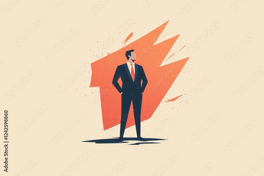 Businessman Stands Confidently Before a Rising Abstract Shape Businessman Stands Confidently Before a Rising Abstract Shape