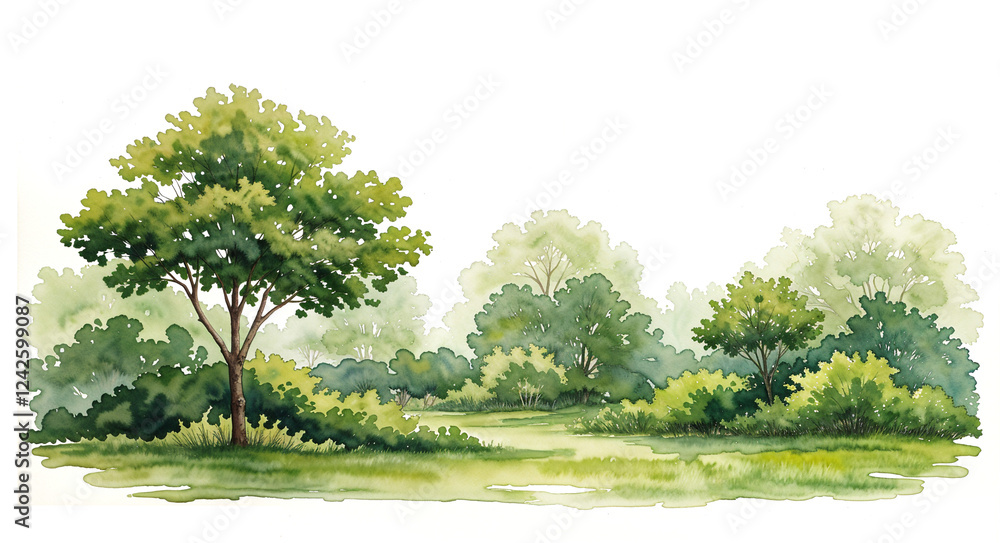 Obraz premium Watercolor Tree or Forest Side View Isolated on White Background for Landscape and Architecture Drawing . Generative AI