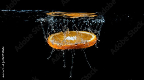 Orange slice splashing into water, black background, vibrant, fresh, food photography