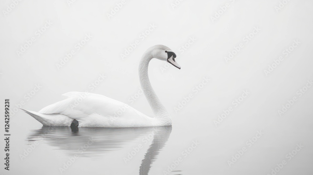 Fototapeta premium Serene swan floats misty lake, calm reflection, peaceful nature scene, website banner