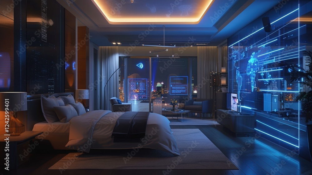 A modern bedroom featuring futuristic design elements, ambient lighting, and a digital display wall showcasing high-tech features. A modern bedroom featuring futuristic design elements, ambient lighting, and a digital display wall showcasing high-tech features.