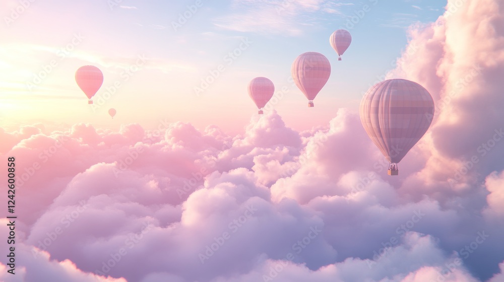 Obraz premium Hot air balloons soar above pastel sunset cloudscape; travel, freedom concept