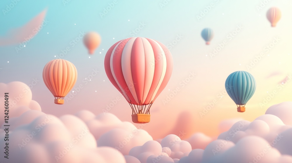 Obraz premium Pastel hot air balloons soaring above fluffy clouds at sunrise; dreamy travel concept