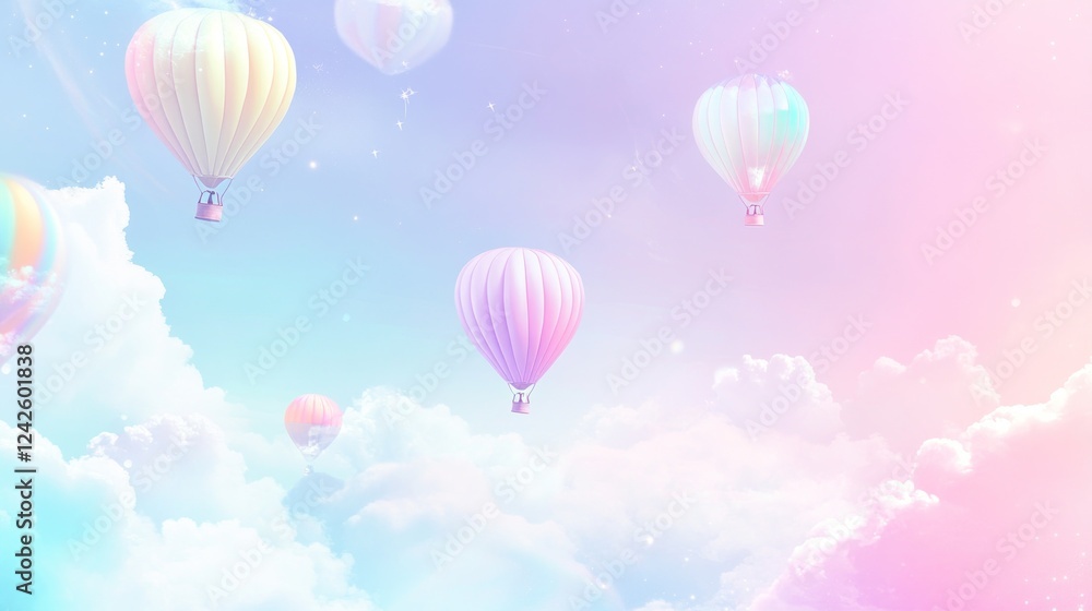 Fototapeta premium Pastel hot air balloons float in dreamy sky, whimsical clouds; website banner