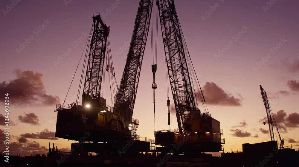 Obraz premium Harbor Cranes Sunset Silhouette Lifting Cargo Port Industry
