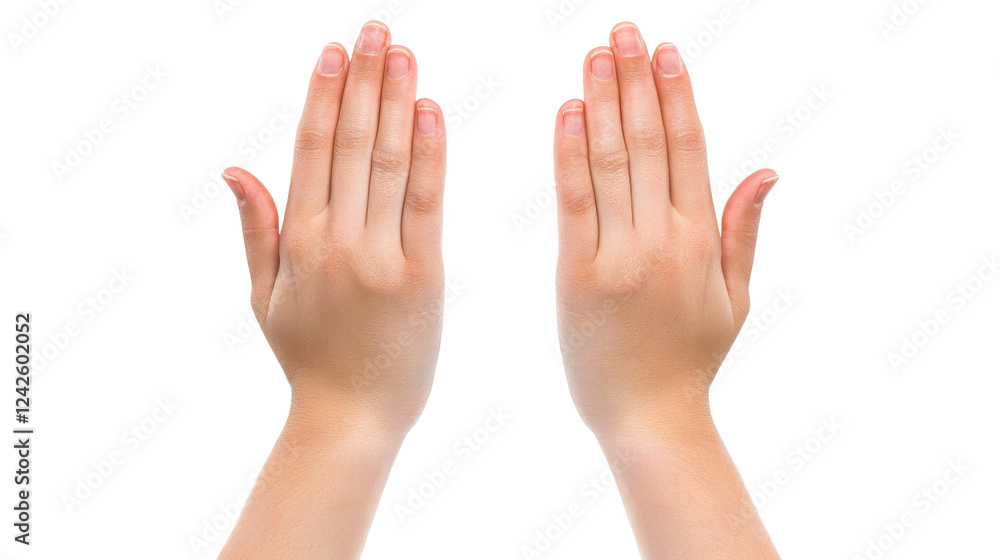 Close up view of two hands raised, light skin tone, with visible freckles and small bumps, against a completely black background, neutral lighting, simple composition, symmetrical image. Close up view of two hands raised, light skin tone, with visible freckles and small bumps, against a completely black background, neutral lighting, simple composition, symmetrical image.