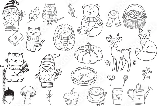 Autumn line art fall with gnome wildanimal pumpkin doodle outline elements, hand drawn leaf flower isolated.vector illustration